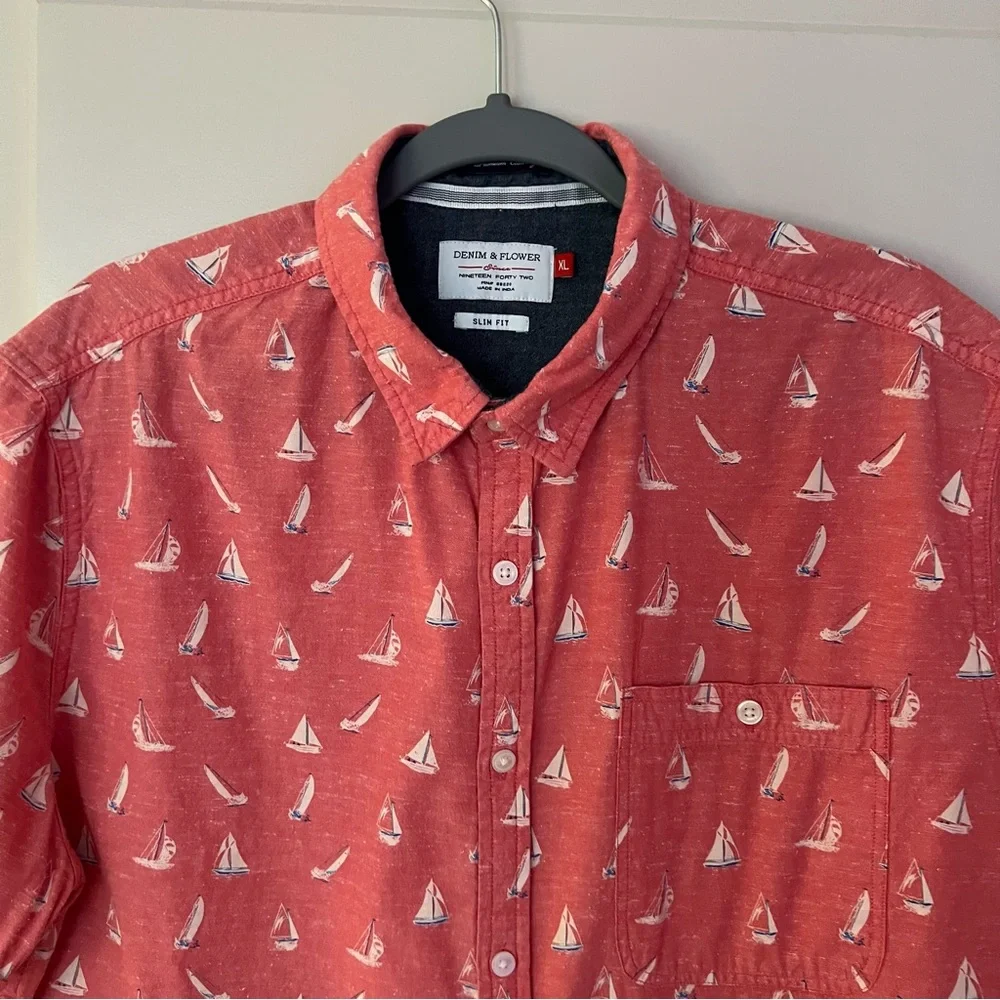Denim & Flower mens short sleeve sailboat printed button down shirt | size XL - Picture 3 of 11